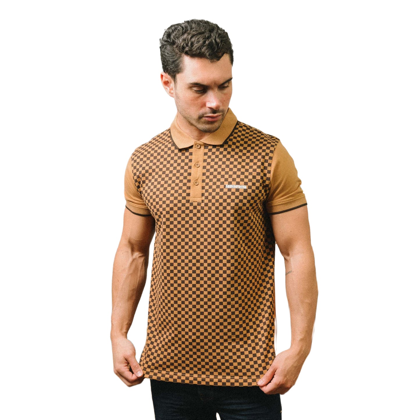 Tobacco - Side - Lambretta Mens Two Tone All-Over Print Polo Shirt