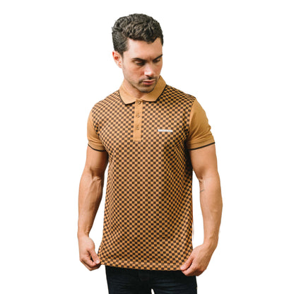 Tobacco - Side - Lambretta Mens Two Tone All-Over Print Polo Shirt