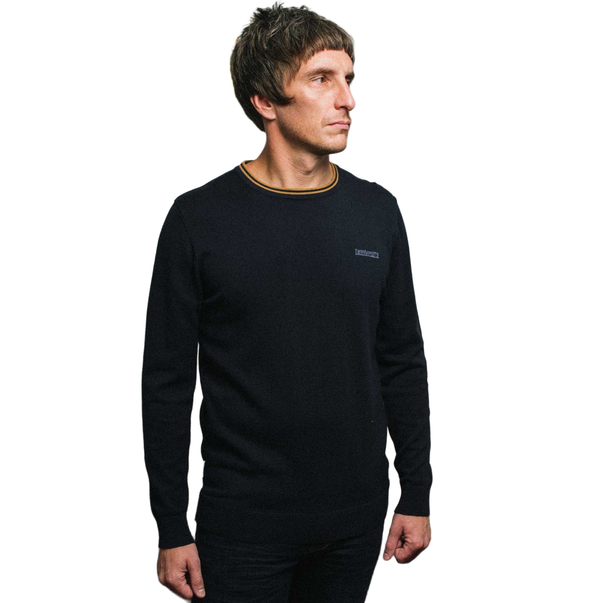 Navy-Tobacco - Side - Lambretta Mens Knitted Tipped Jumper