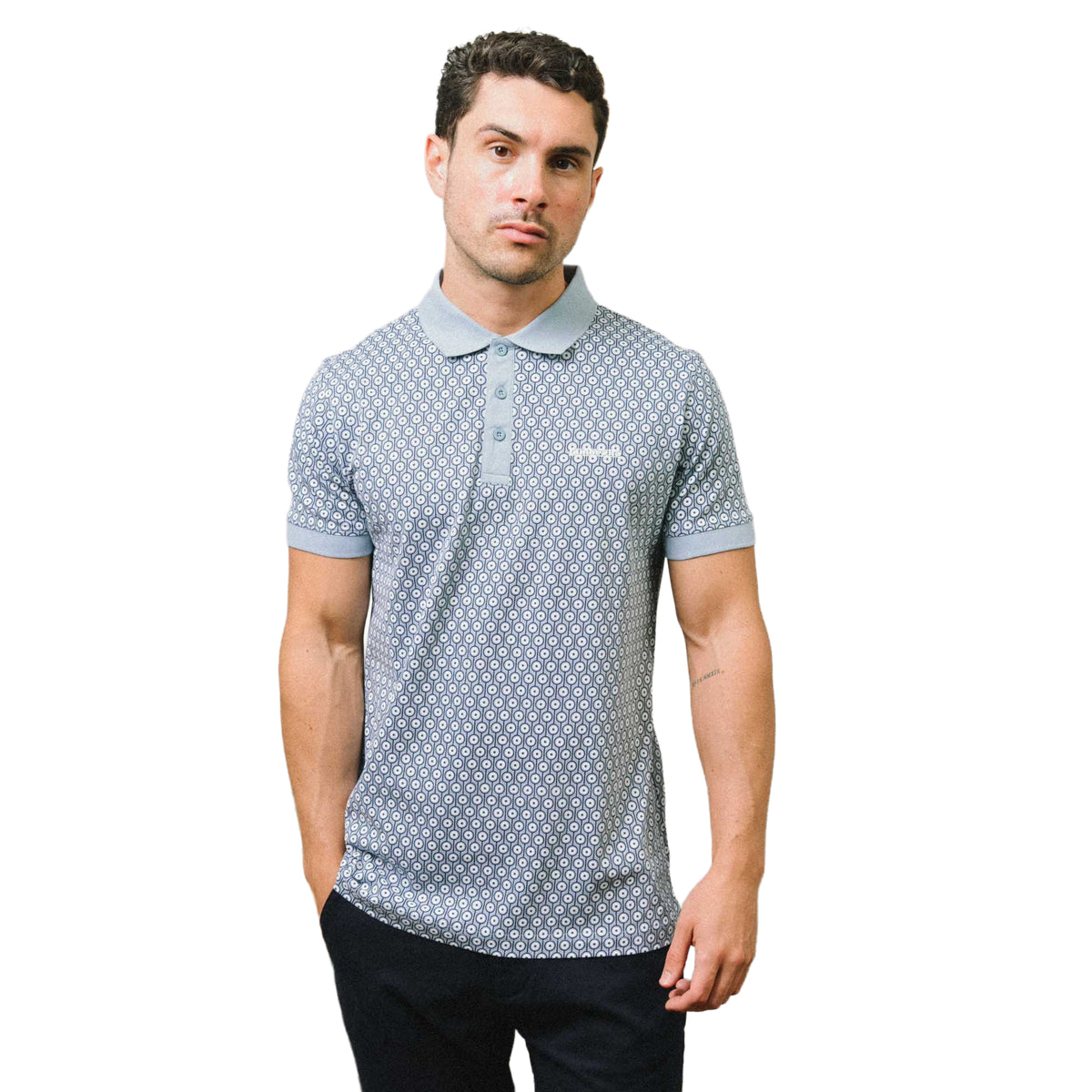 Dusky Blue - Side - Lambretta Mens AW24 Geometric Polo Shirt