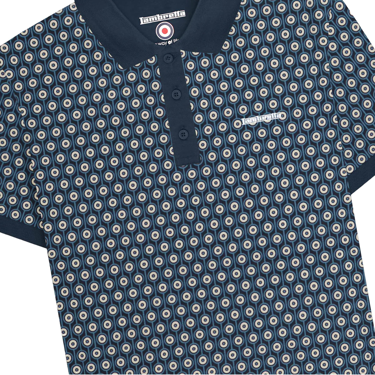 Navy-Silver - Side - Lambretta Mens Roundel Geometric Big & Tall Polo Shirt