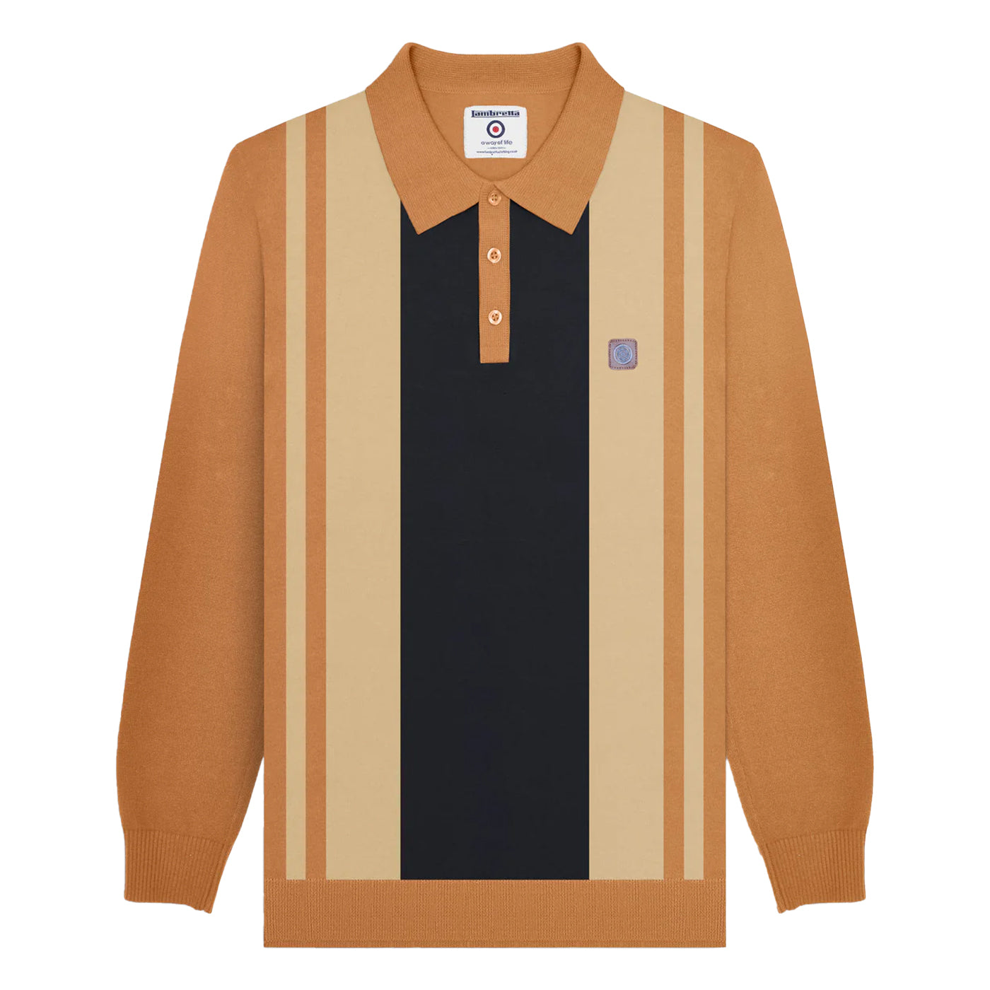 Tobacco - Front - Lambretta Mens AW24 Vintage Panelled Long-Sleeved Polo Shirt