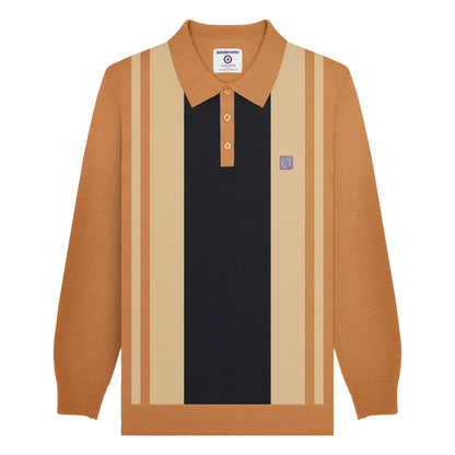 Tobacco - Front - Lambretta Mens AW24 Vintage Panelled Long-Sleeved Polo Shirt
