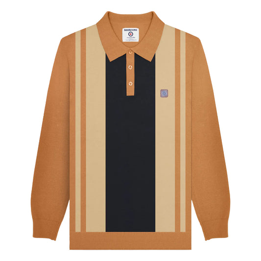 Tobacco - Front - Lambretta Mens AW24 Vintage Panelled Long-Sleeved Polo Shirt
