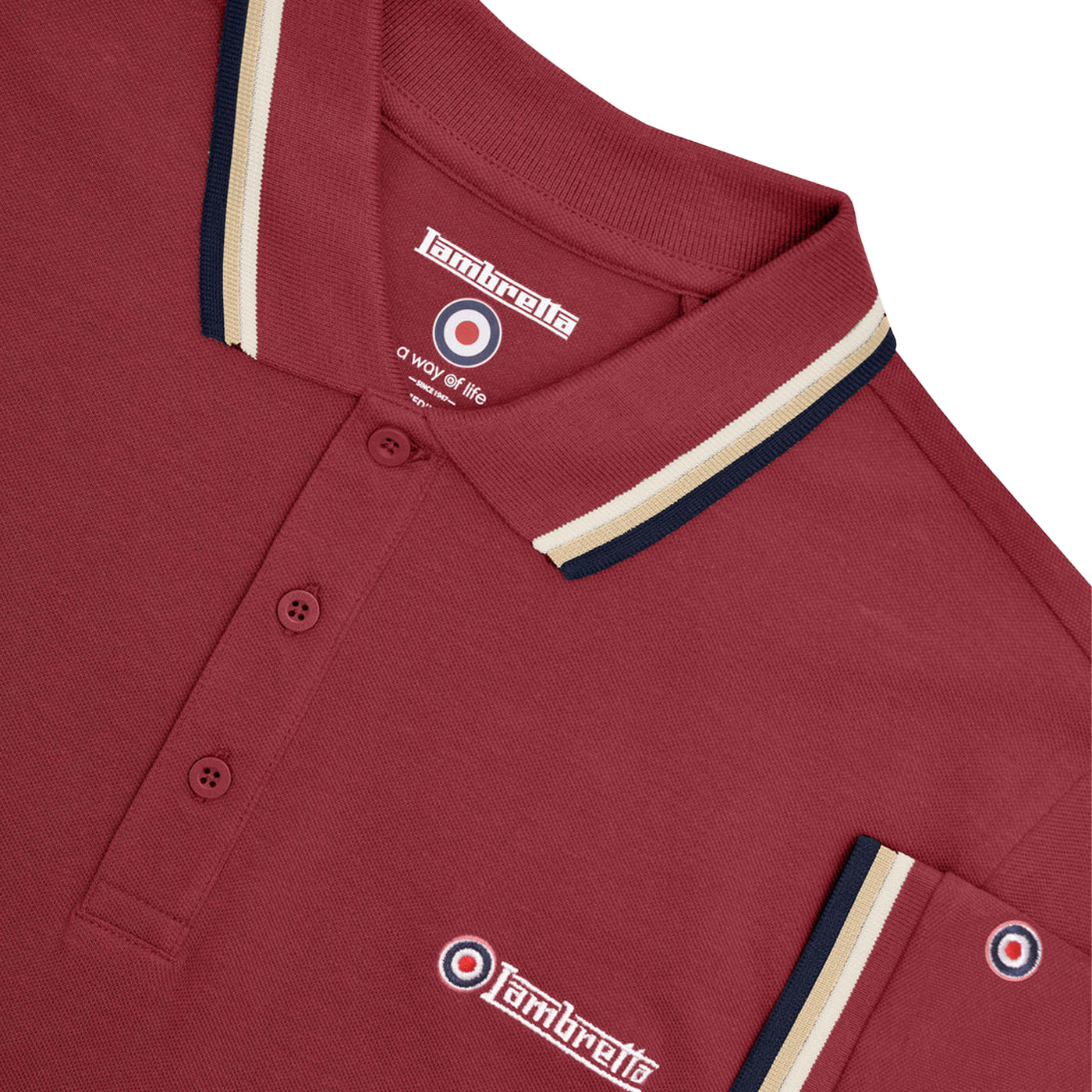 Burgundy-Cream-Navy - Side - Lambretta Mens Triple Tipped Polo Shirt