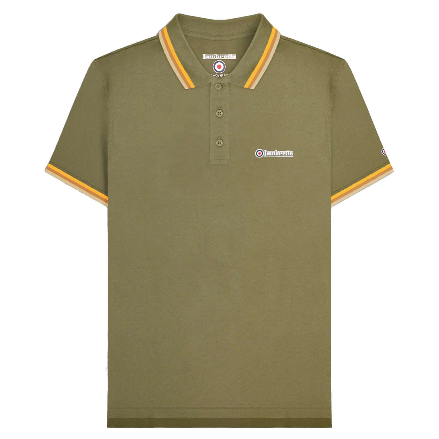 Khaki Green-Tobacco-Cream - Front - Lambretta Mens Triple Tipped Polo Shirt