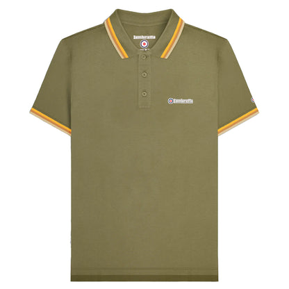 Khaki Green-Tobacco-Cream - Front - Lambretta Mens Triple Tipped Polo Shirt
