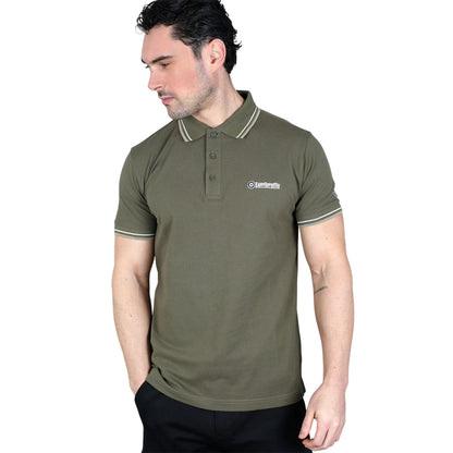 Khaki Green-Silver-Cashew - Side - Lambretta Mens SS25 Twin Tip Polo Shirt