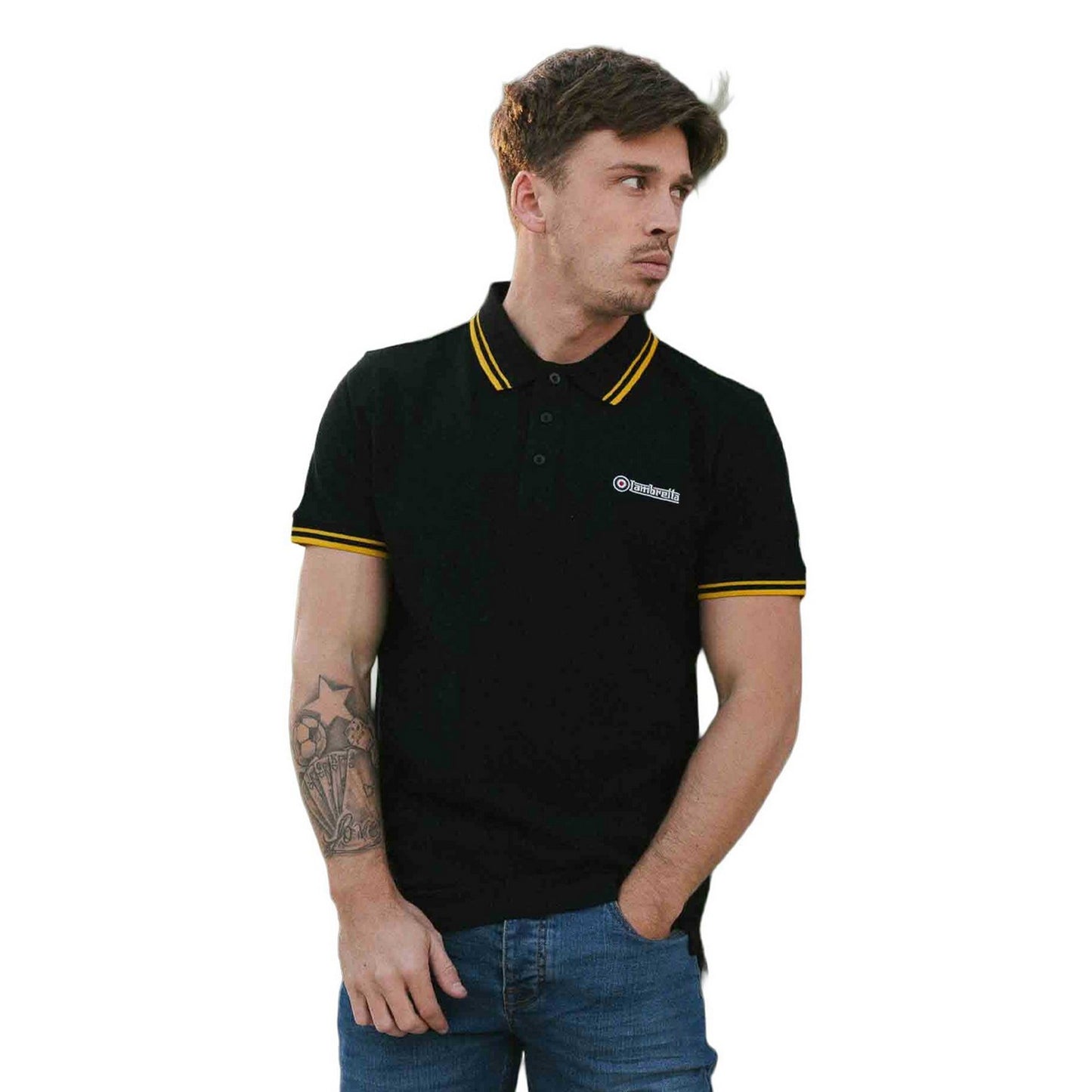 Black-Gold - Side - Lambretta Mens SS25 Twin Tip Polo Shirt