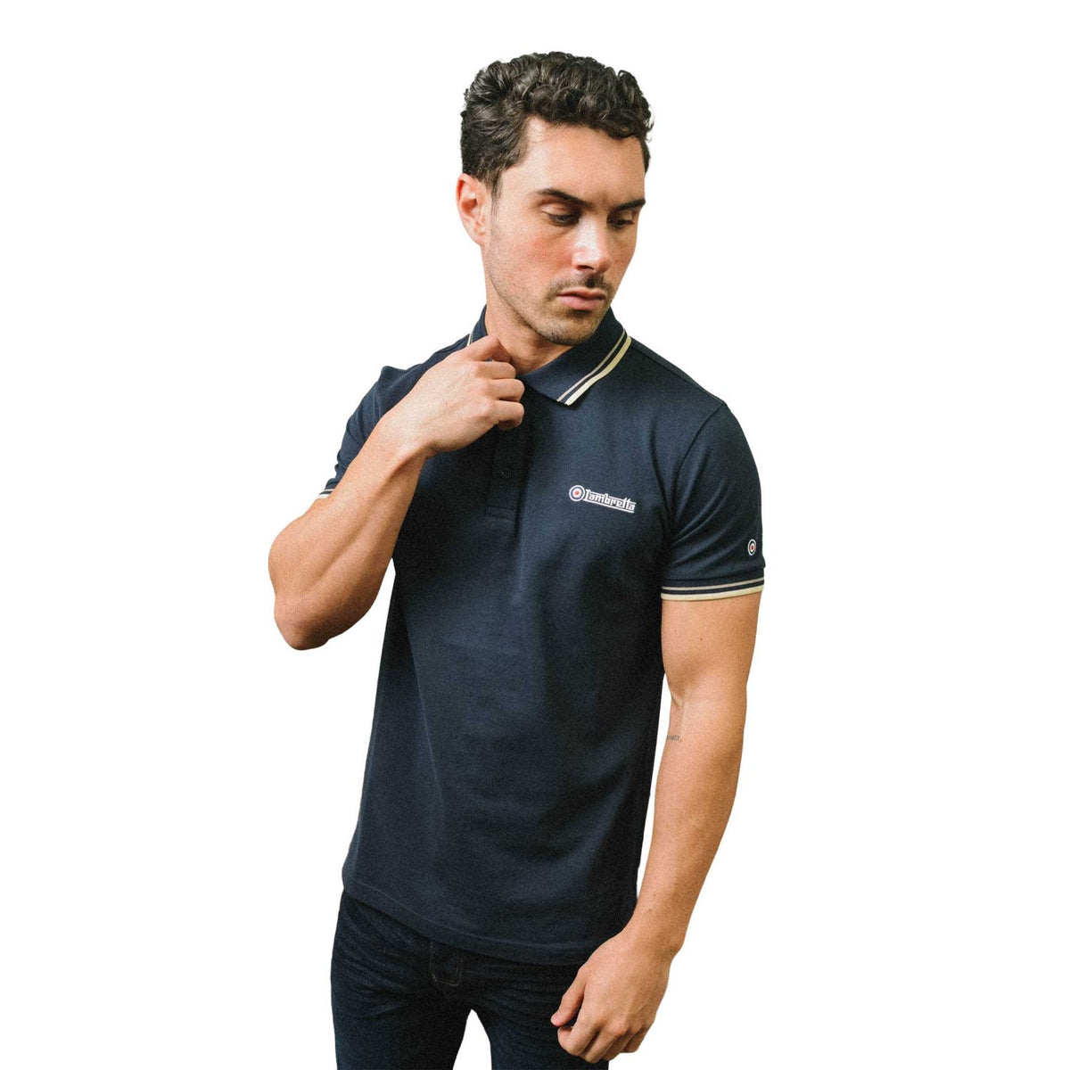 Navy-Cinder - Side - Lambretta Mens SS25 Twin Tip Polo Shirt