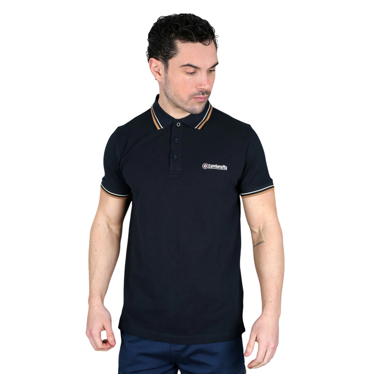 Navy-Wood Ash-Tobacco - Side - Lambretta Mens SS25 Twin Tip Polo Shirt