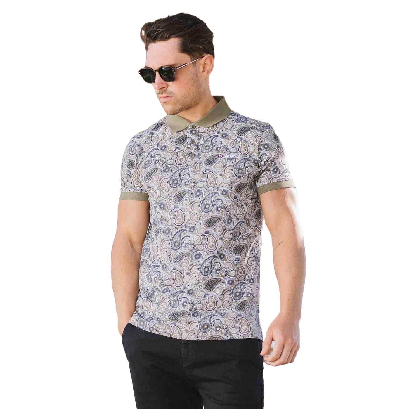 Khaki-Navy - Side - Lambretta Mens SS25 Paisley Branded Polo Shirt
