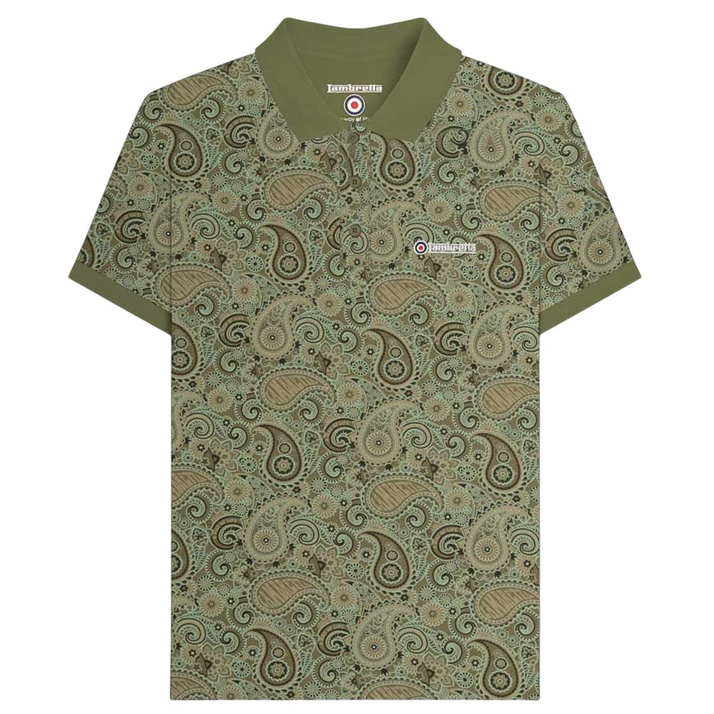 Khaki Green - Front - Lambretta Mens SS25 Paisley Branded Polo Shirt