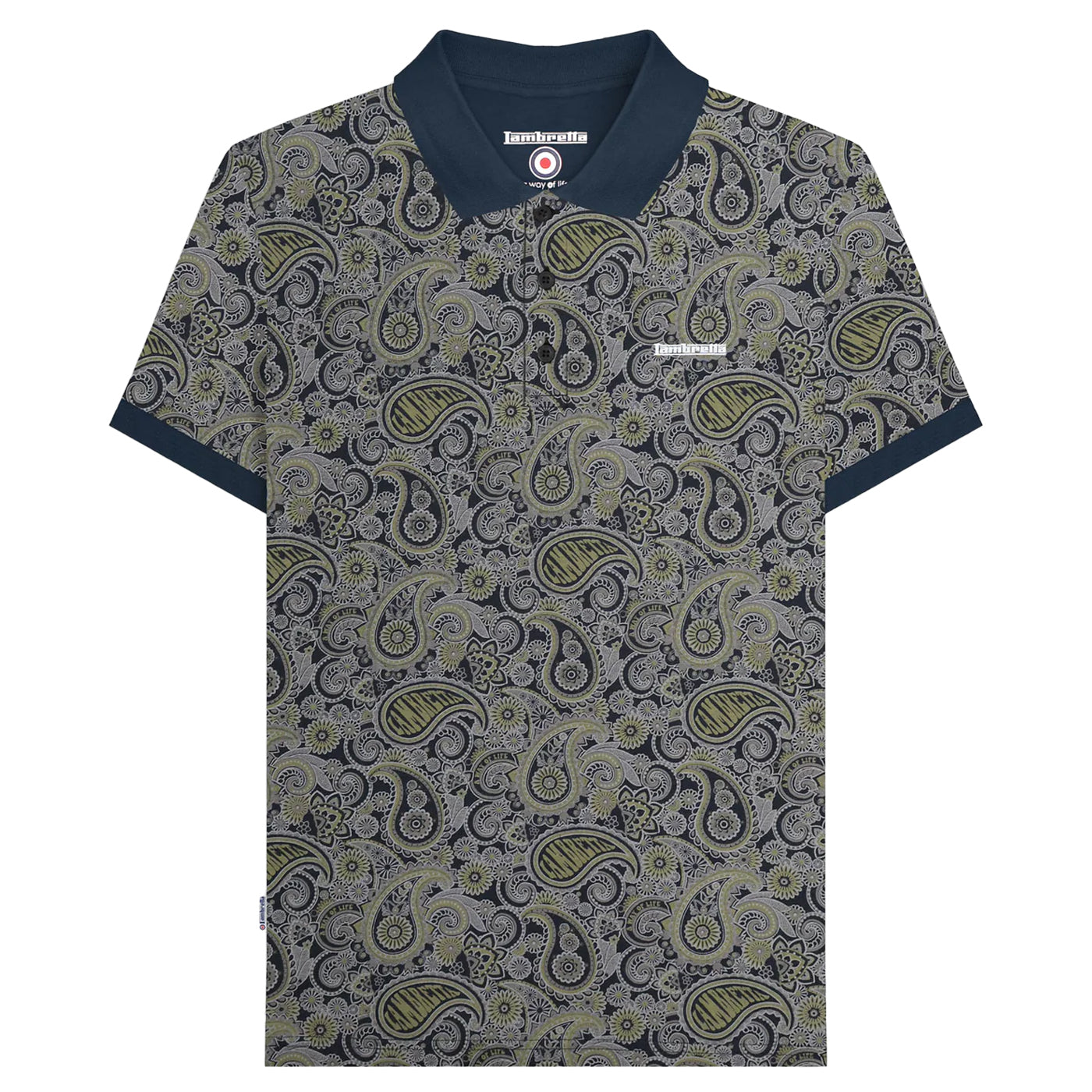 Navy-Grey - Front - Lambretta Mens SS25 Paisley Branded Polo Shirt