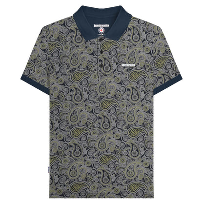Navy-Grey - Front - Lambretta Mens SS25 Paisley Branded Polo Shirt
