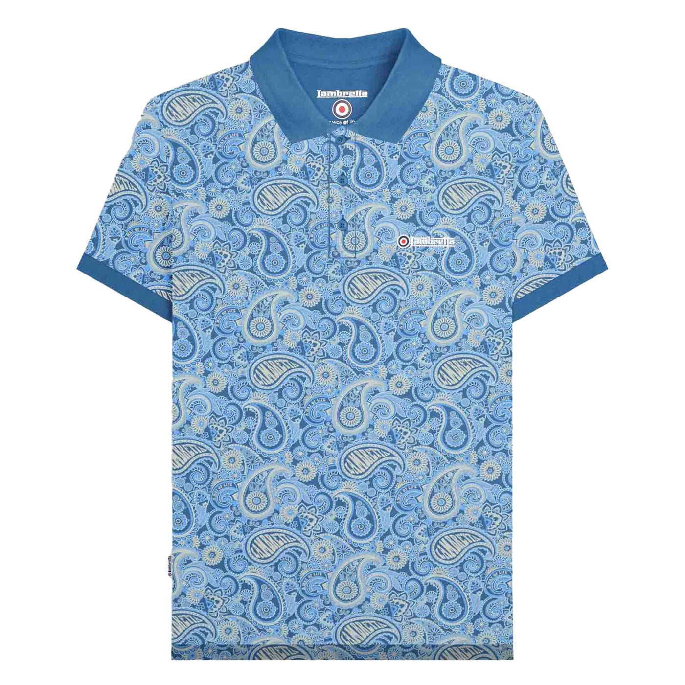 Dark Blue-Wood Ash - Front - Lambretta Mens SS25 Paisley Branded Polo Shirt