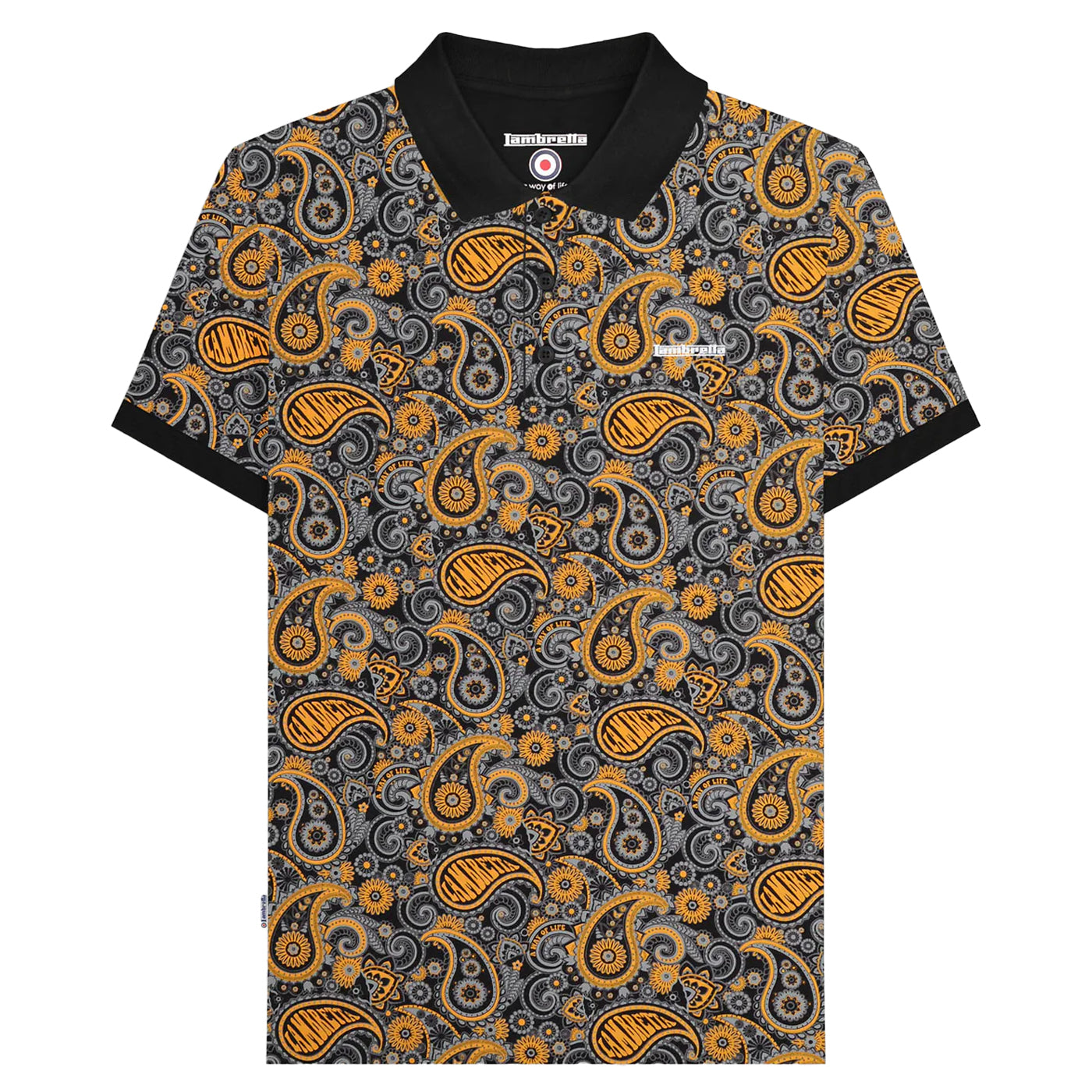 Black-Gold - Front - Lambretta Mens SS25 Paisley Branded Polo Shirt
