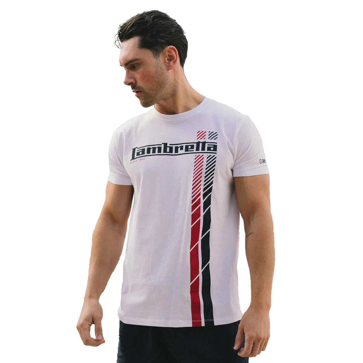 White - Side - Lambretta Mens SS25 Racing Stripe T-Shirt