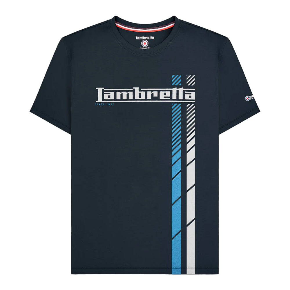 Navy-White-Blue - Front - Lambretta Mens SS25 Racing Stripe T-Shirt