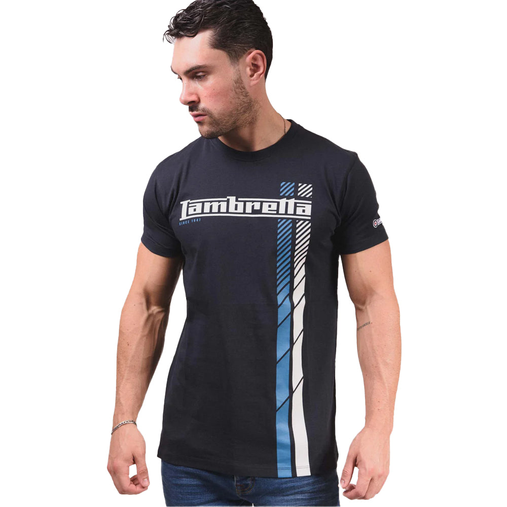 Navy-White-Blue - Side - Lambretta Mens SS25 Racing Stripe T-Shirt