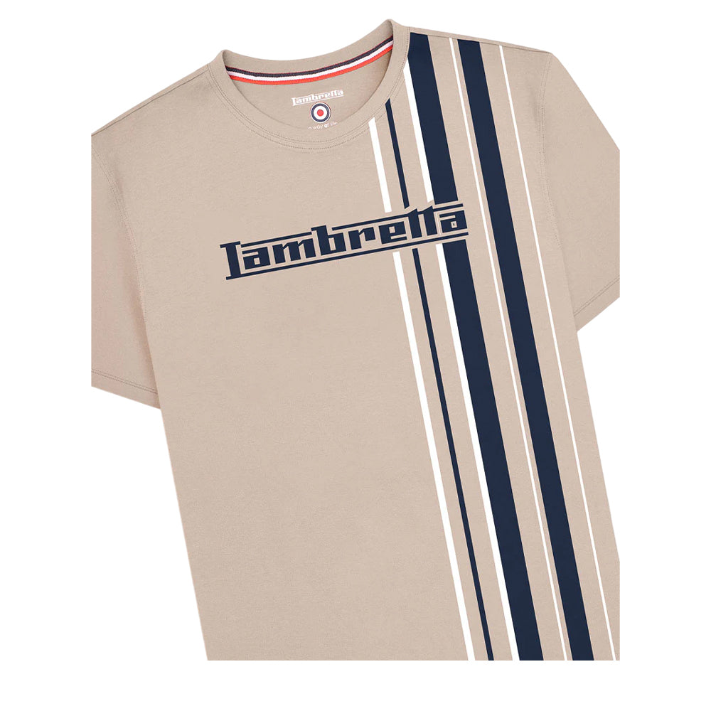 Stone - Pack Shot - Lambretta Mens SS25 Racing Stripe T-Shirt
