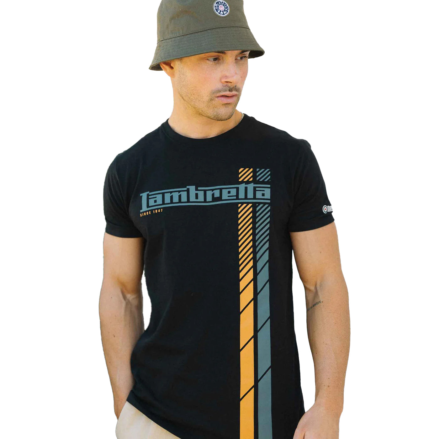 Black - Side - Lambretta Mens SS25 Racing Stripe T-Shirt