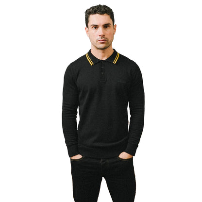 Black - Side - Lambretta Mens Tipped Long-Sleeved Polo Shirt