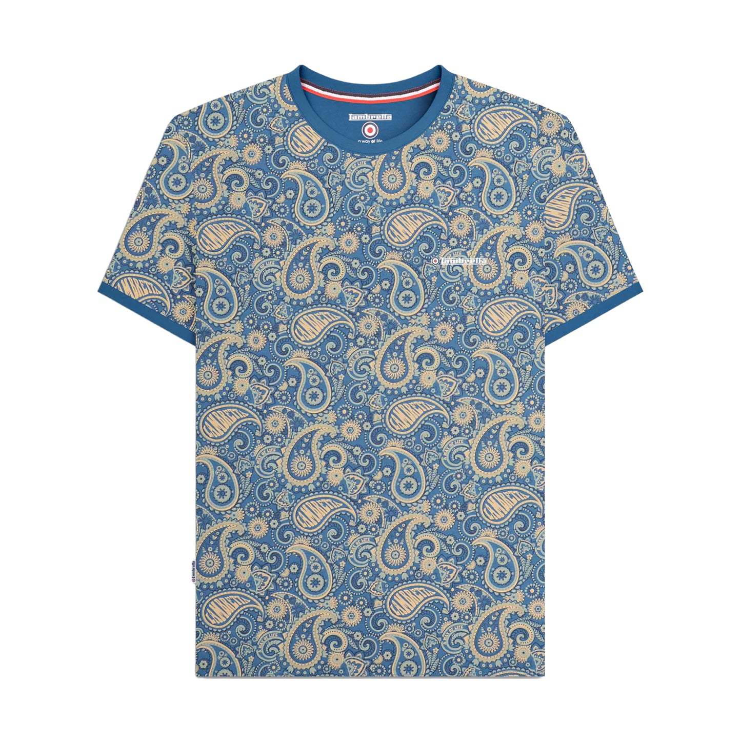 Dark Blue-Cream - Front - Lambretta Mens SS25 Paisley T-Shirt