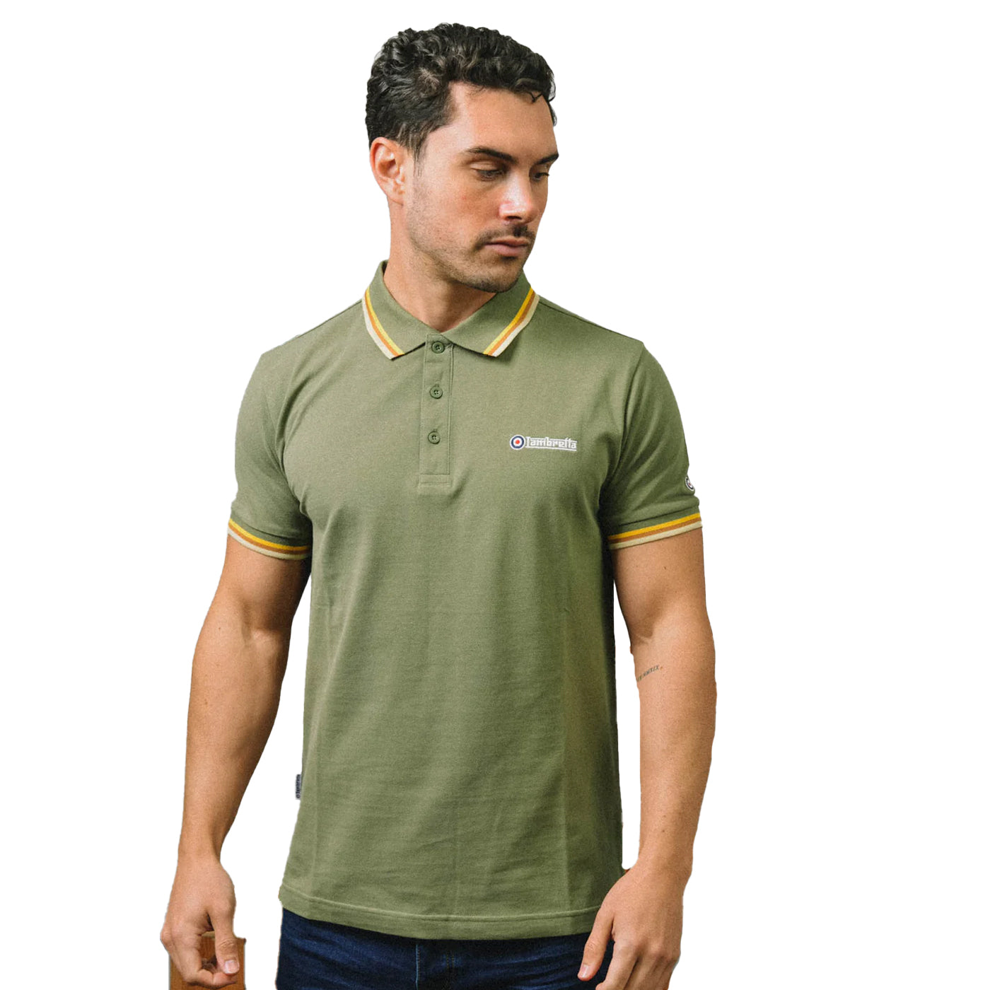 Khaki Green - Side - Lambretta Mens SS25 Triple Tipped Polo Shirt