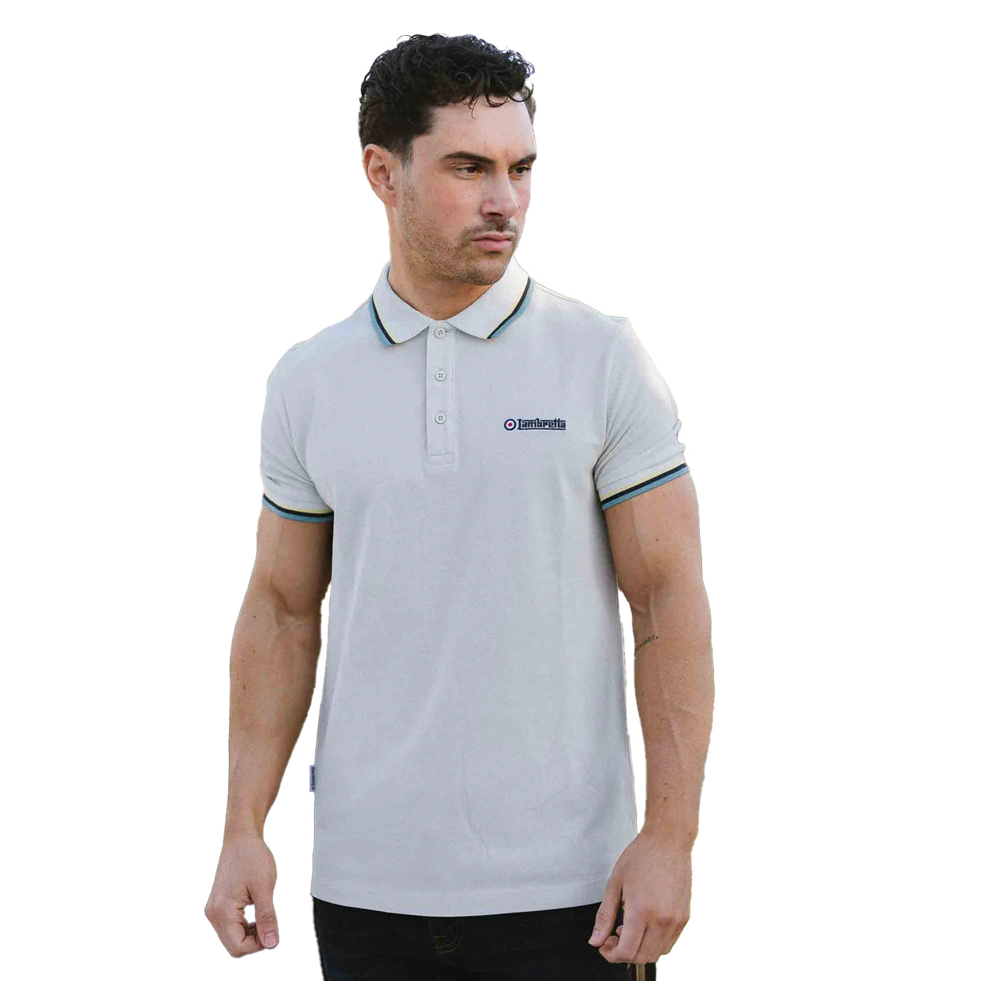 Pebble-Yellow-Smoke Blue - Side - Lambretta Mens SS25 Triple Tipped Polo Shirt