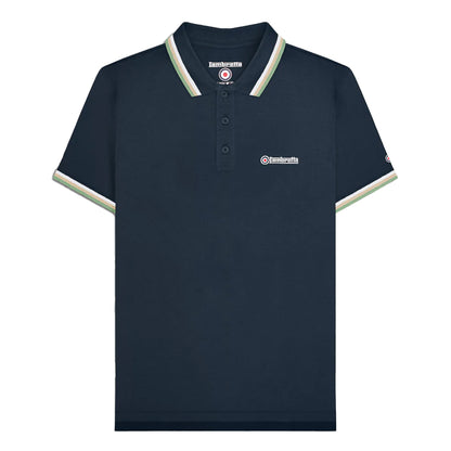 Navy-White-Stone-Basil - Front - Lambretta Mens SS25 Triple Tipped Polo Shirt