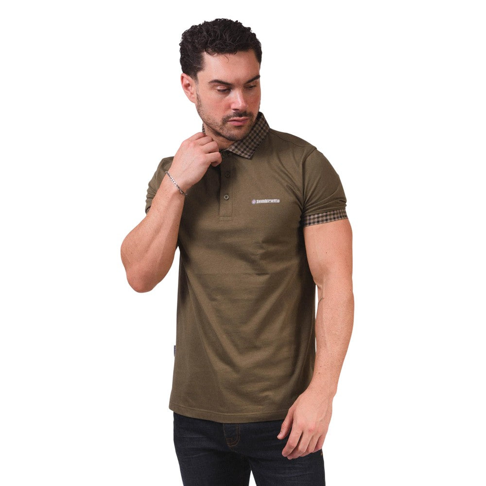Khaki Green - Close up - Lambretta Mens SS25 Gingham Polo Shirt