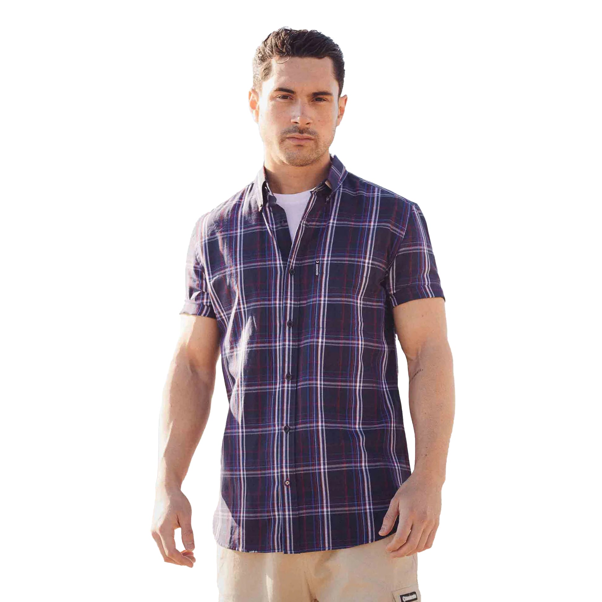 Navy-Blue-Red - Side - Lambretta Mens SS25 Checked Shirt