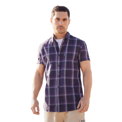 Navy-Blue-Red - Side - Lambretta Mens SS25 Checked Shirt