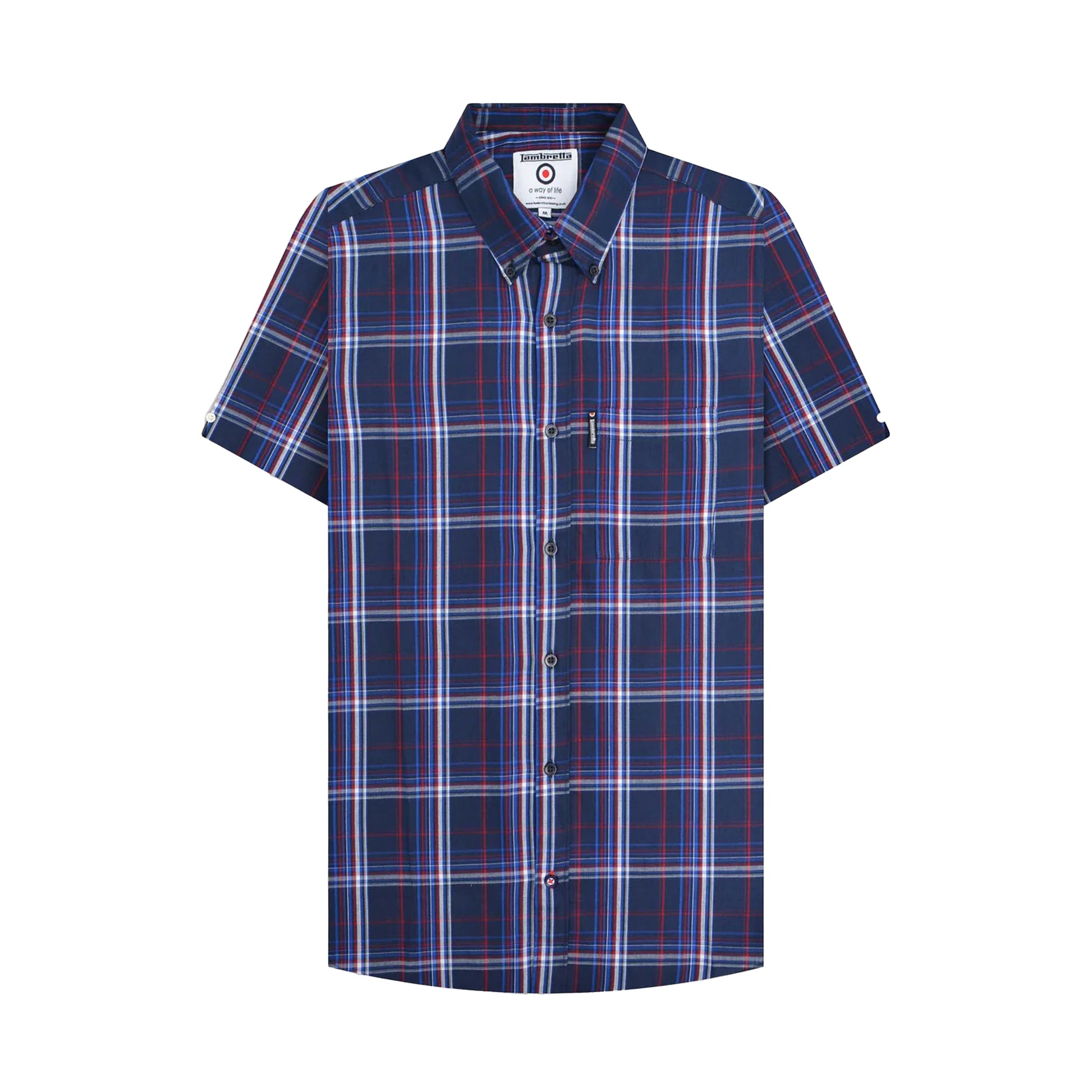 Navy-Blue-Red - Front - Lambretta Mens SS25 Checked Shirt