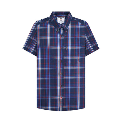 Navy-Blue-Red - Front - Lambretta Mens SS25 Checked Shirt