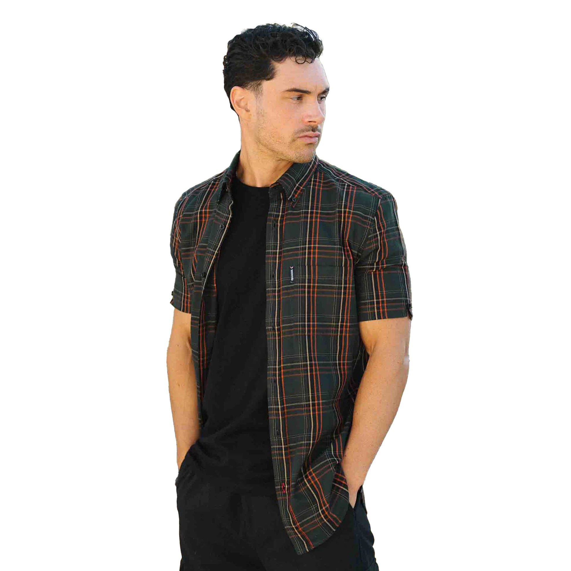 Khaki Green-Orange - Side - Lambretta Mens SS25 Checked Shirt