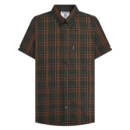 Khaki Green-Orange - Front - Lambretta Mens SS25 Checked Shirt