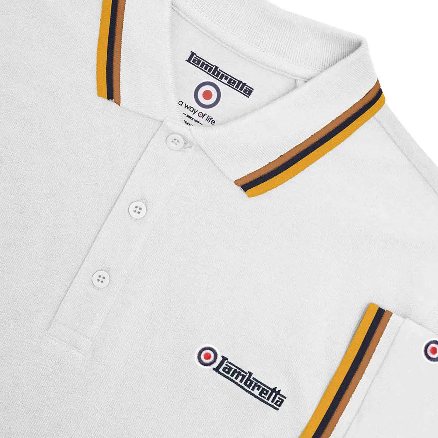 White-Tobacco-Navy-Gold - Side - Lambretta Mens SS25 Triple Tipped Big & Tall Polo Shirt