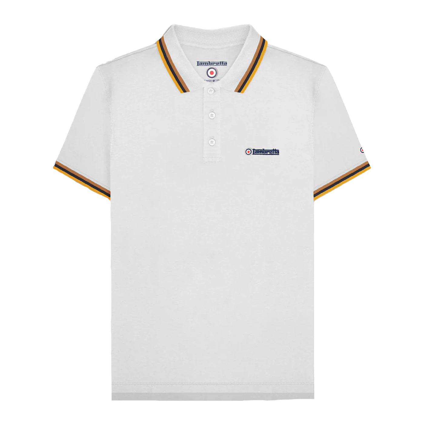 White-Tobacco-Navy-Gold - Front - Lambretta Mens SS25 Triple Tipped Big & Tall Polo Shirt