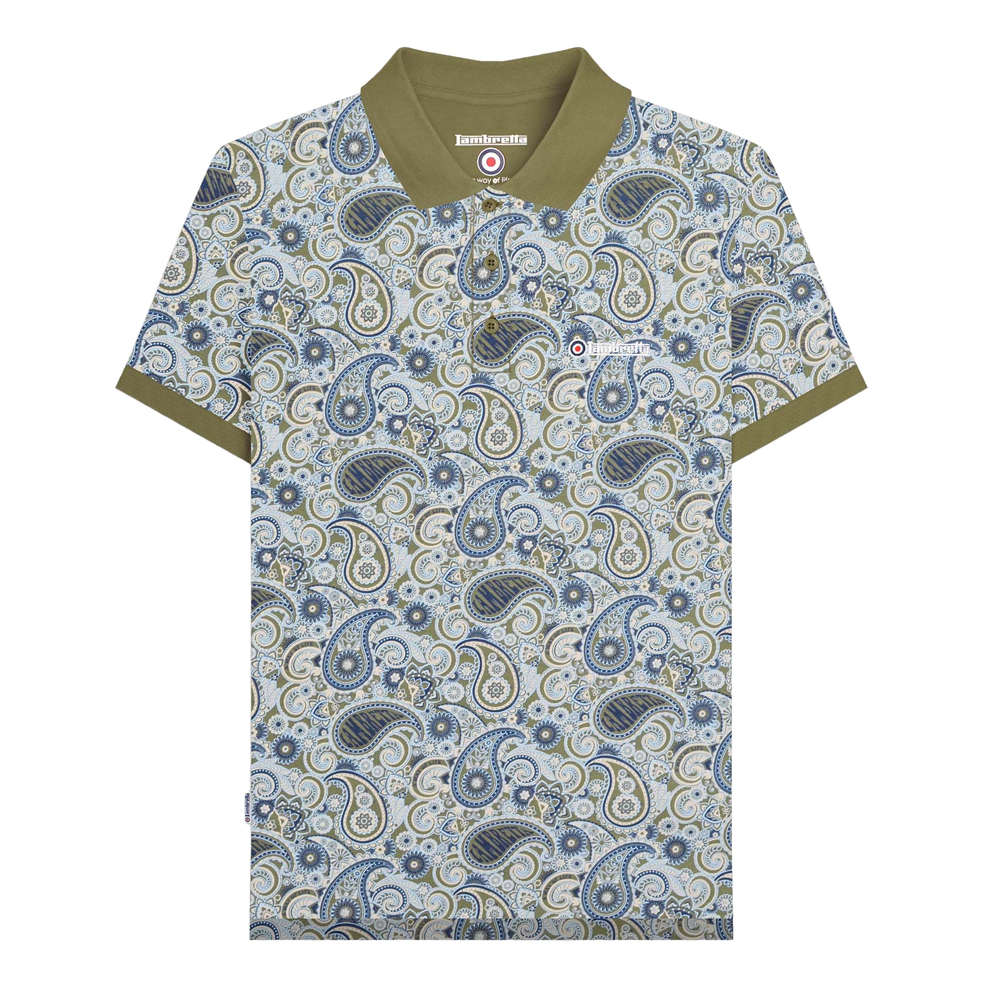 Khaki Green-Navy - Front - Lambretta Mens SS25 Paisley Branded Big & Tall Polo Shirt