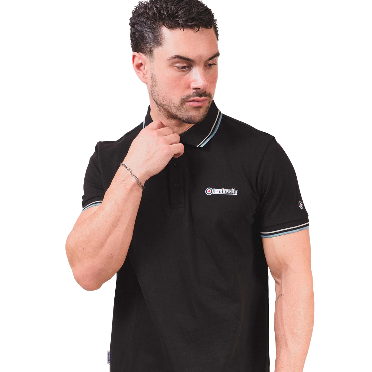 Black-Pebble-Smoke Blue - Side - Lambretta Mens Twin Tip Polo Shirt