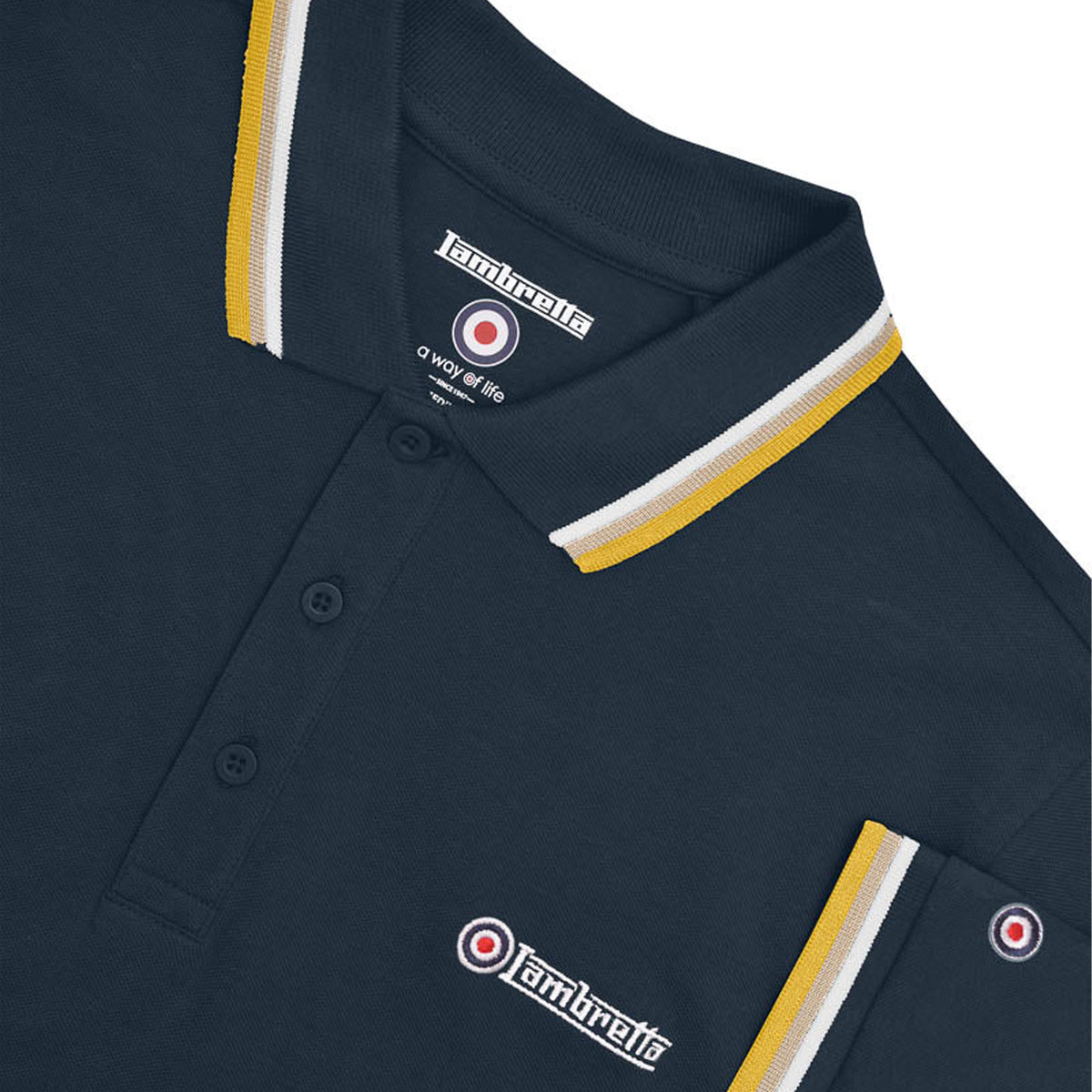 Navy-White-Cashew-Gold - Side - Lambretta Mens Triple Tipped Polo Shirt