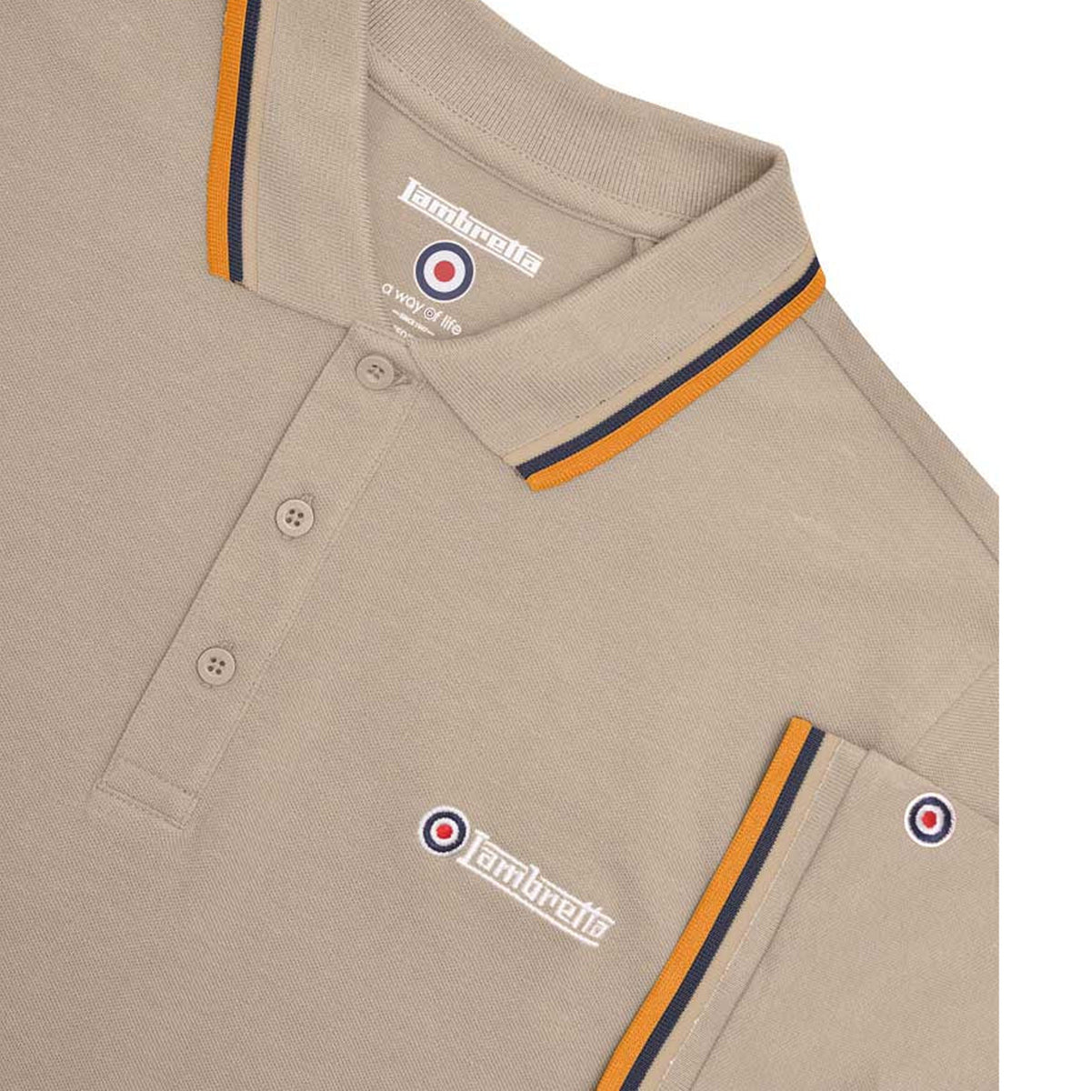 Cashew-Stone-Navy-Orange - Side - Lambretta Mens Triple Tipped Polo Shirt