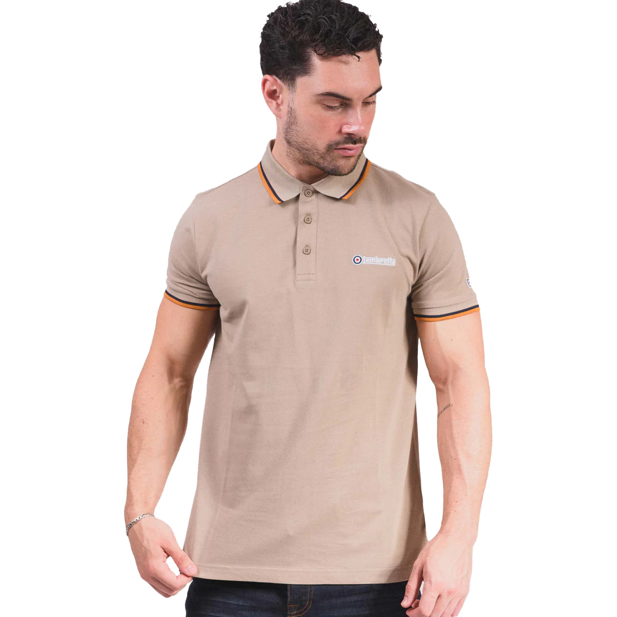 Cashew-Stone-Navy-Orange - Lifestyle - Lambretta Mens Triple Tipped Polo Shirt