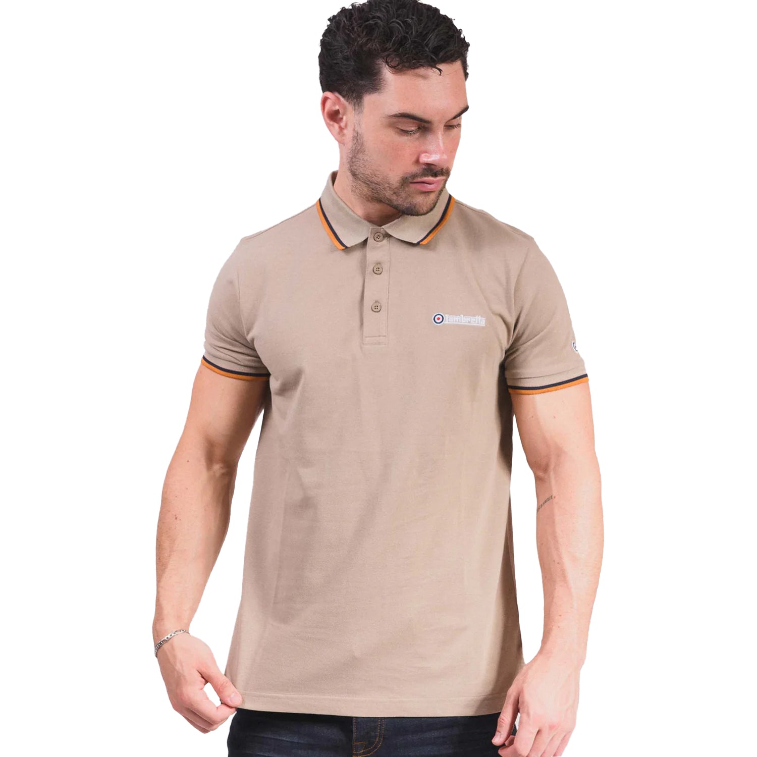 Cashew-Stone-Navy-Orange - Lifestyle - Lambretta Mens Triple Tipped Polo Shirt