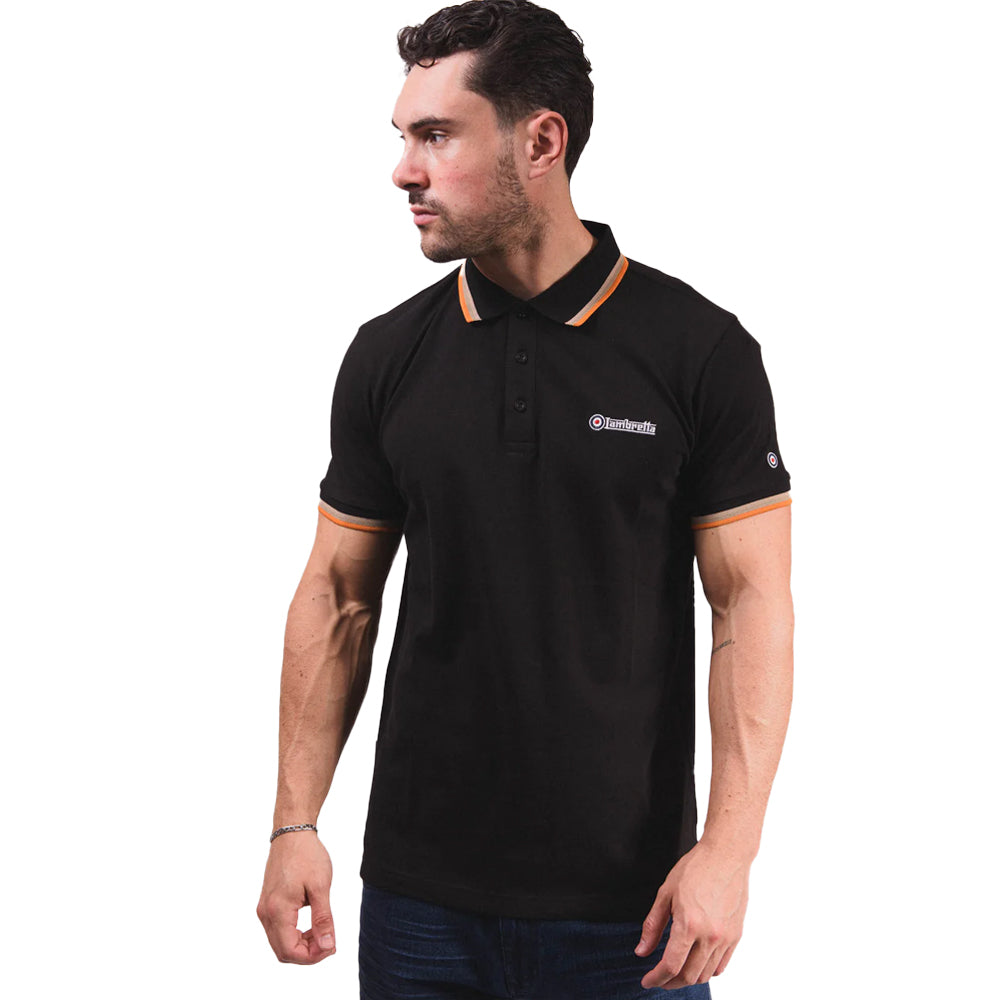 Black-Stone-Cashew-Orange - Side - Lambretta Mens Triple Tipped Polo Shirt