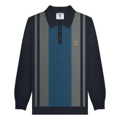 Navy-Iron - Front - Lambretta Mens AW25 Vintage Panelled Long-Sleeved Polo Shirt