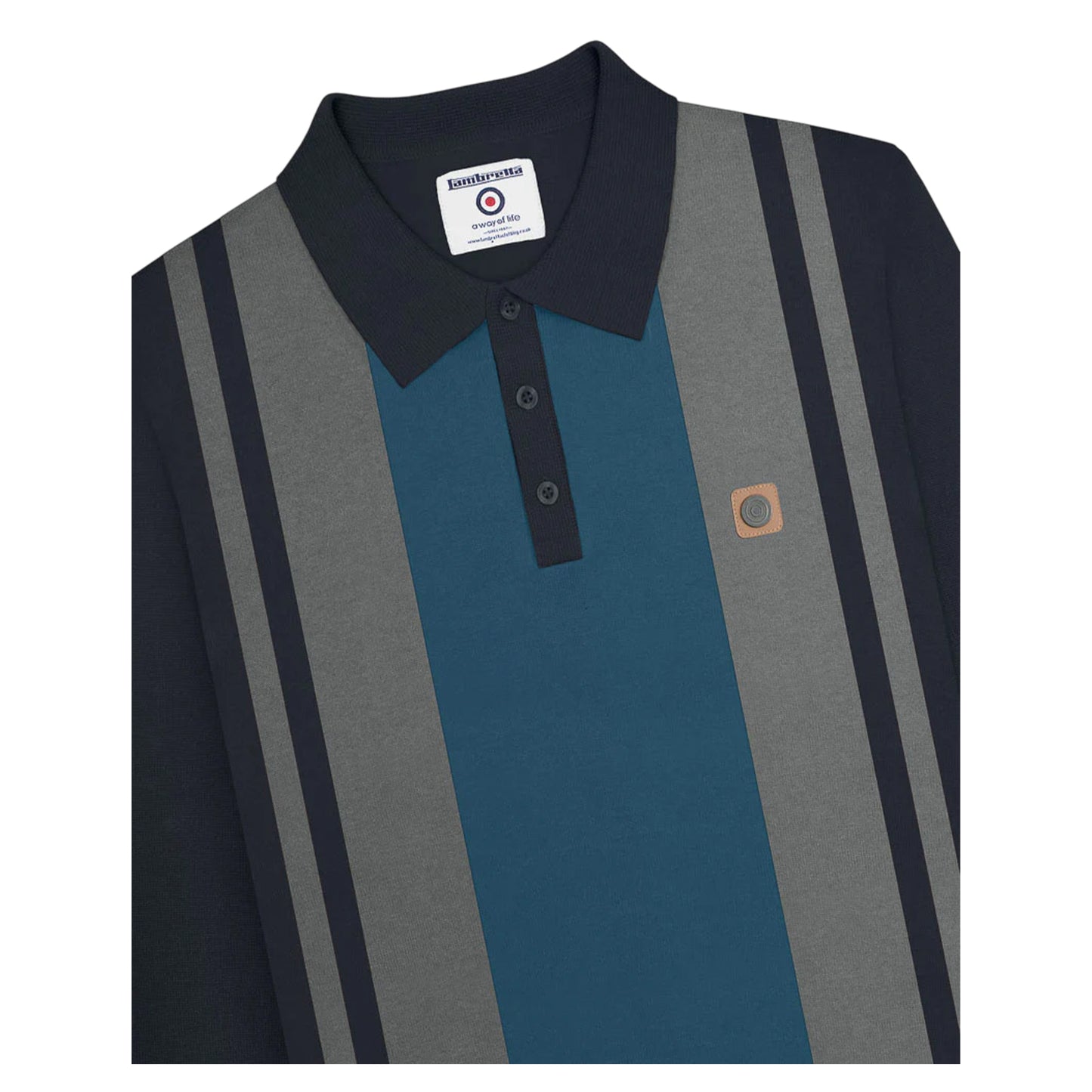 Navy-Iron - Side - Lambretta Mens AW25 Vintage Panelled Long-Sleeved Polo Shirt