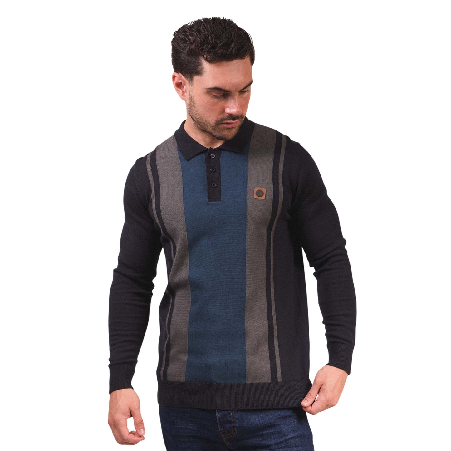 Navy-Iron - Lifestyle - Lambretta Mens AW25 Vintage Panelled Long-Sleeved Polo Shirt